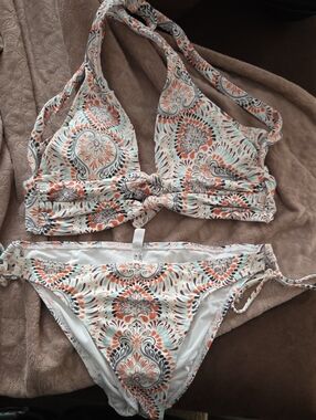 La Vie En Rose Printed Halter Bikini Set - Orange & Teal Paisley